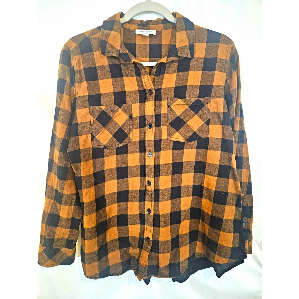 beachlunchlounge Plaid Top Womens L Brown Excellent Peplum Back Button Up
